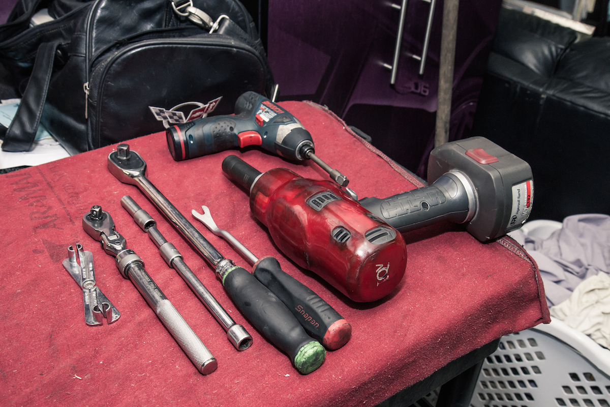 For the most part, these are the only tools Jeremy brings to the dyno when he makes a supercharger swap. He makes primary use of both an 8mm and 10mm socket, as well as a speed handle.