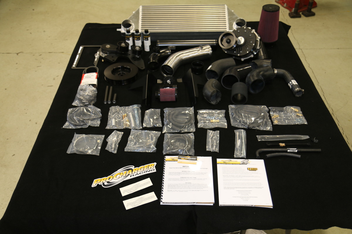 The ProCharger kit is very shipped with everything you need for installation on your C7 Corvette. Included with the kit is all the hardware, fasteners, piping, brackets, intercooler, crank pulley, bypass valve, and head unit.
